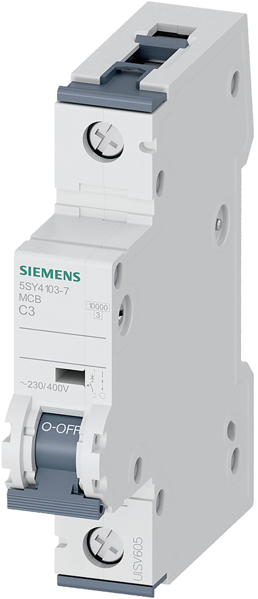 Disjoncteur miniature unipolaire Siemens avec interrupteur O-OFF bleu et étiquette de classification « C3 », présenté en vue latérale.