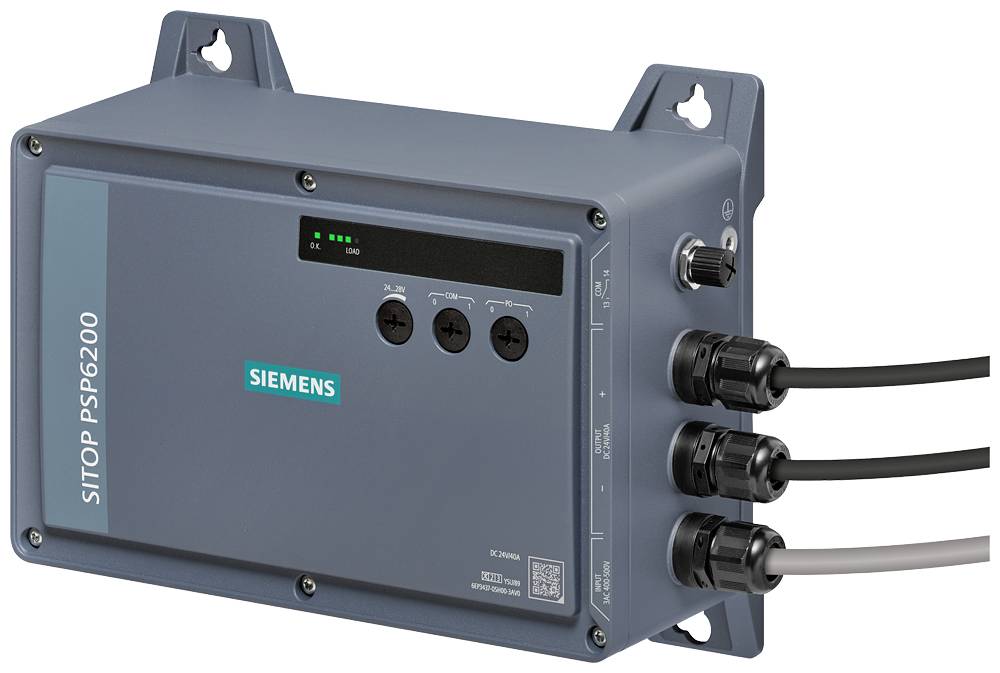 Unité d'alimentation électrique industrielle Siemens SITOP PSU6200 avec voyants LED d'état et trois câbles connectés sur le côté droit.
