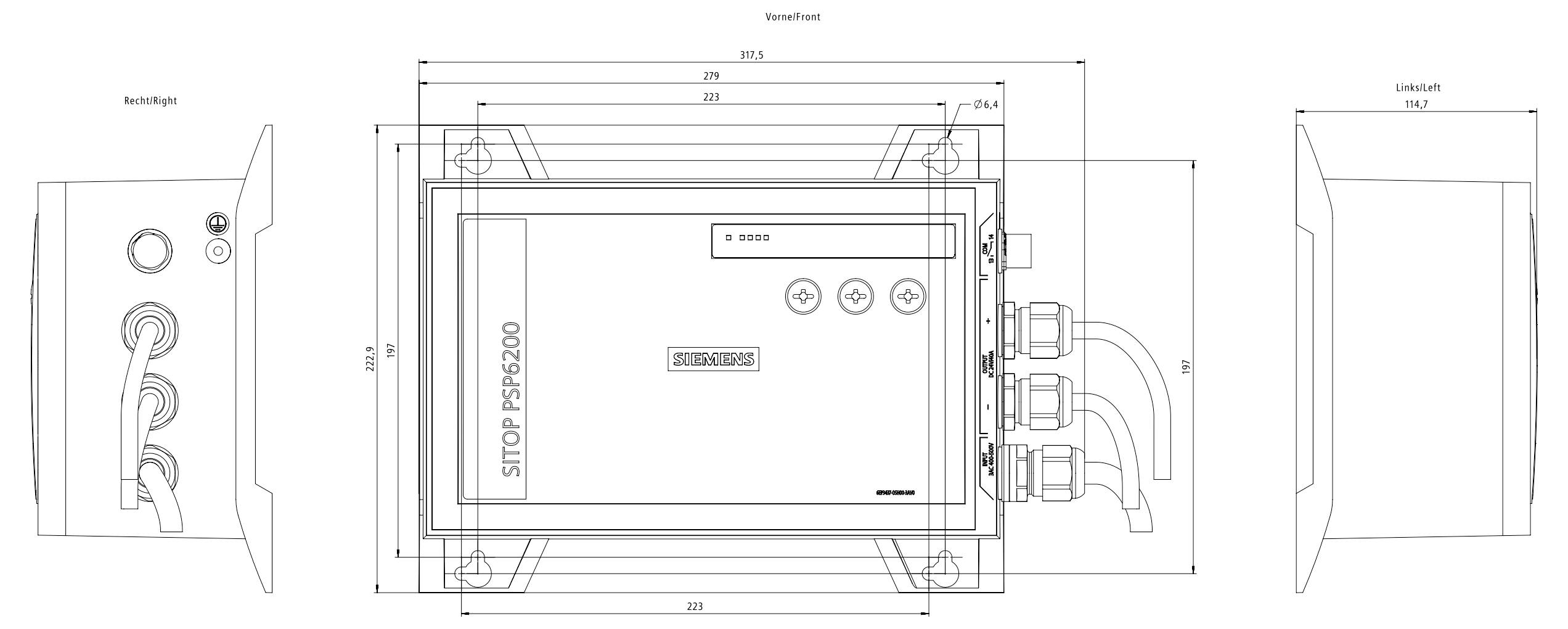 Dessin technique d'un boîtier de panneau de commande STOP PF6200, montrant les vues de face, de côté et les vues avec dimensions incluant les entrées de câbles et les points de montage.