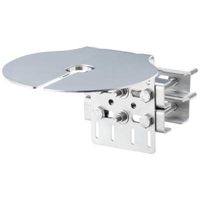 Collier de suspension de tuyau réglable en métal avec une plaque supérieure circulaire plate et un support de montage sur fond blanc.