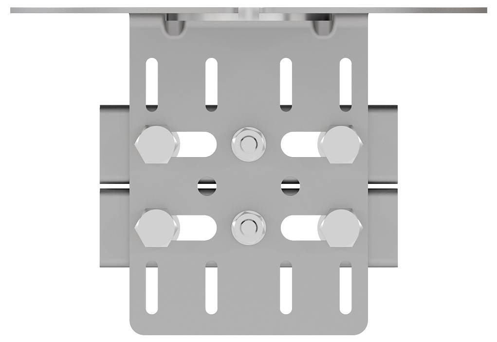 Équerre de montage en métal gris avec des trous oblongs et quatre boulons hexagonaux, fixée à un rail ou un tuyau horizontal.