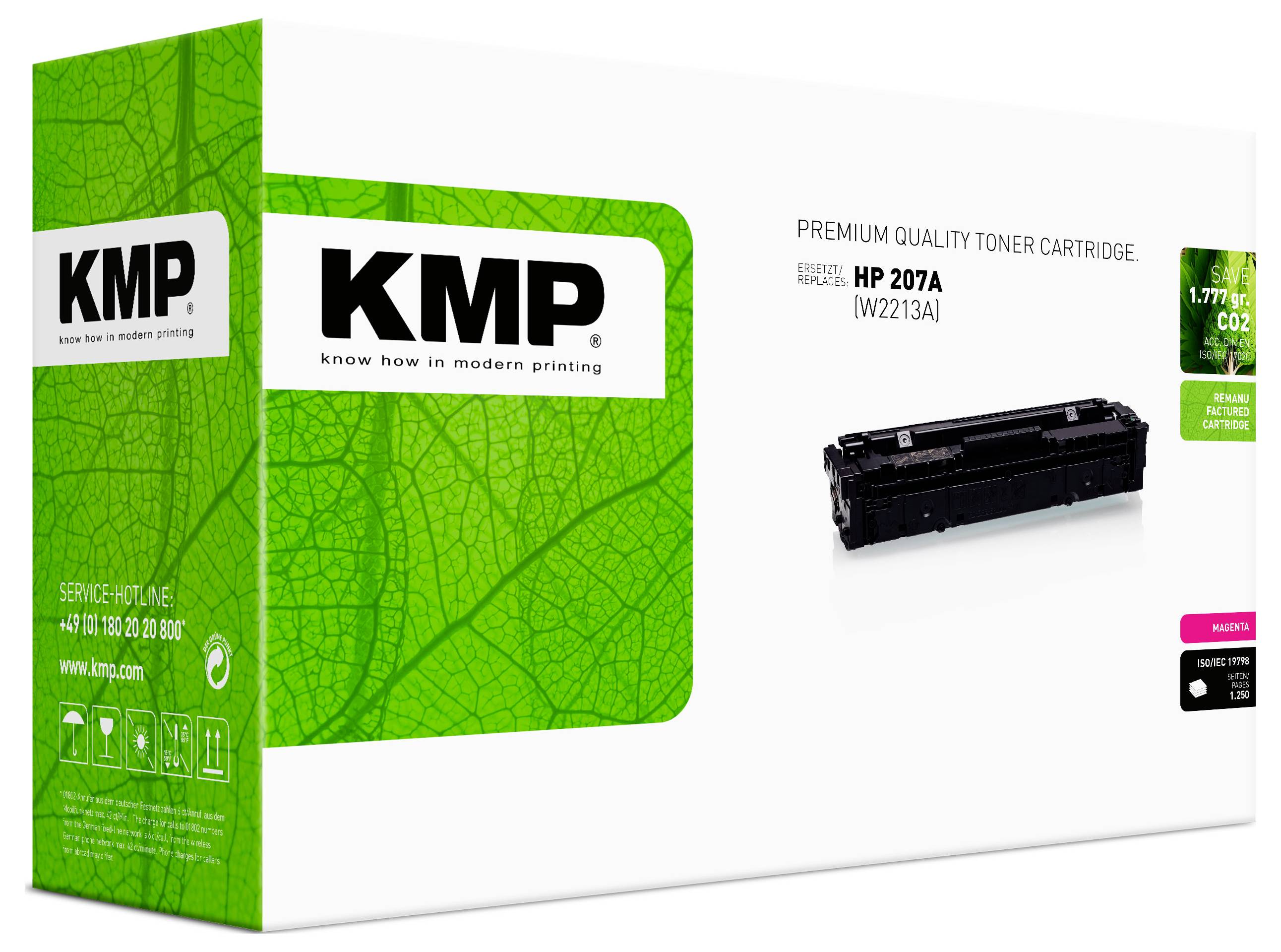 Emballage de cartouche de toner de qualité premium KMP pour HP 207A (W2213A), montrant une cartouche de toner noire et un design de boîte à thème écologique vert.