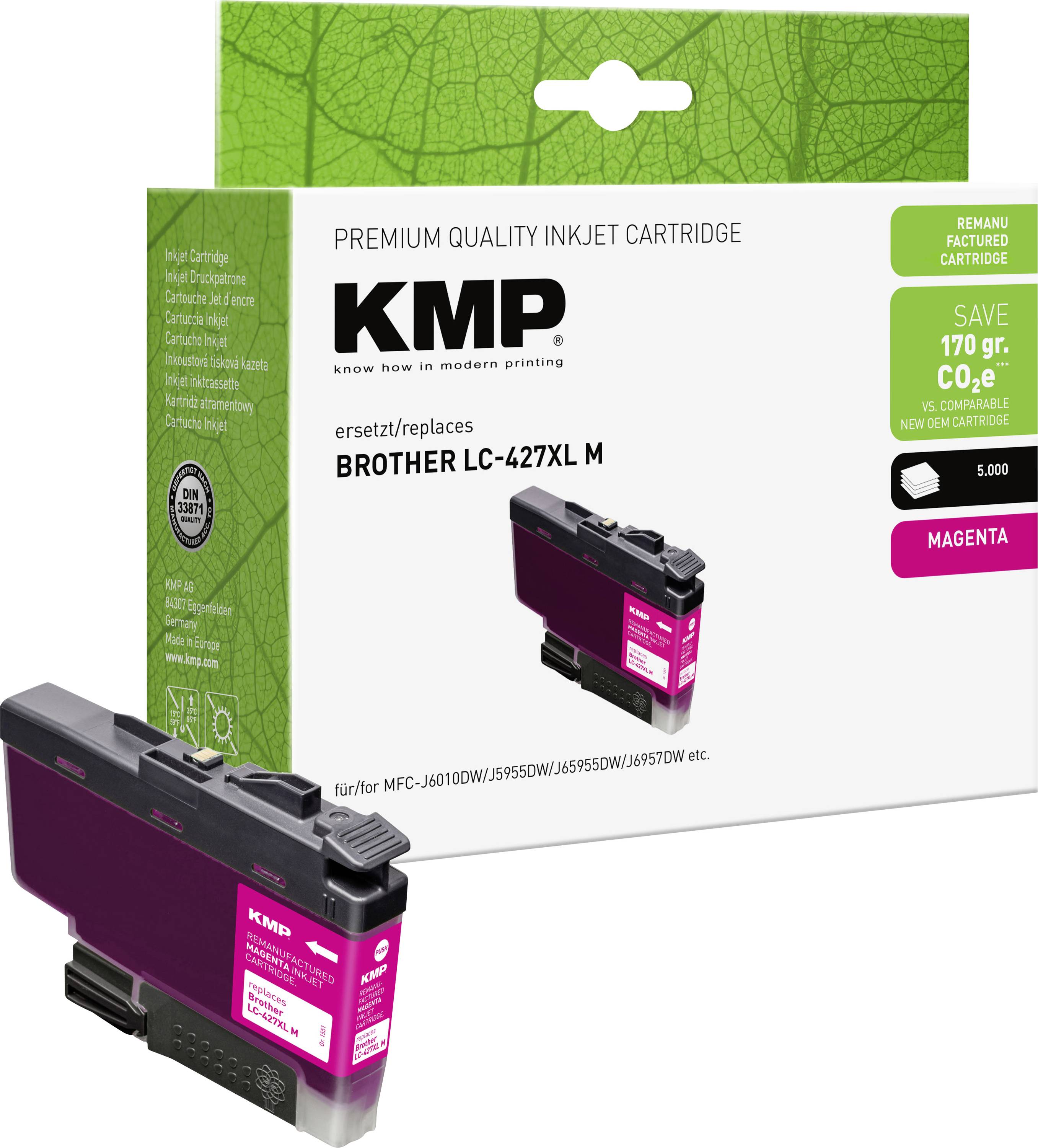 Emballage de cartouche d'encre jet d'encre KMP premium pour Brother LC-427XL M en magenta, présenté avec la cartouche et l'avant de la boîte, étiqueté « économisez 170 g CO2 » et « cartouche remise à neuf ».