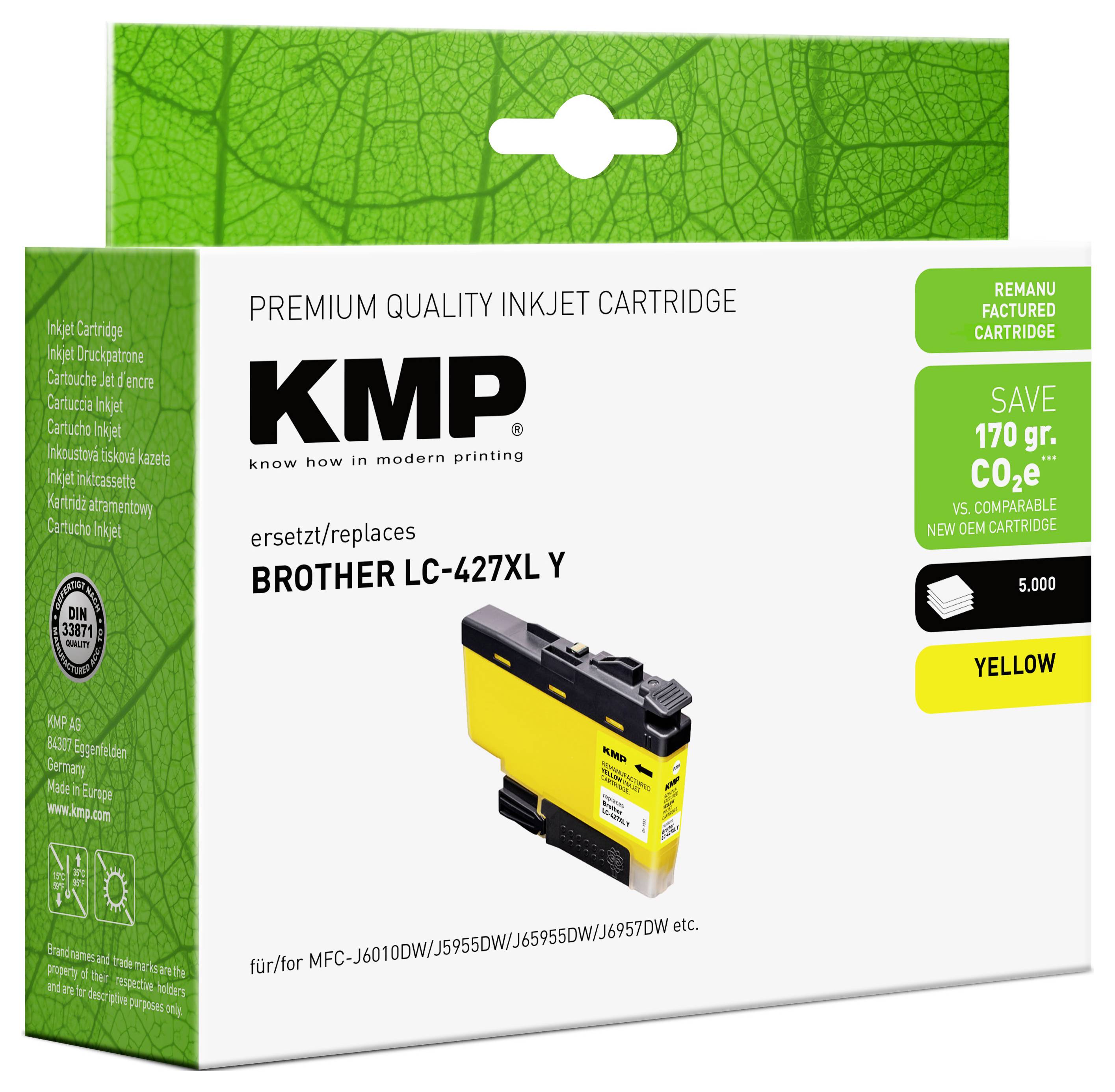 Boîte de cartouche d'encre jet d'encre de qualité premium KMP, jaune Brother LC-427XL Y de remplacement, affichant une déclaration d'économies et une image de cartouche.