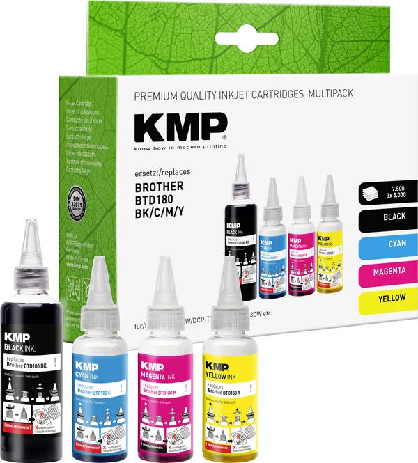 KMP Encre de recharge remplace Brother BTD180BK, BTD180C, BTD180M, BTD180Y compatible pack bundle noir, cyan, magenta, jaune 110 ml, 50 ml, 50 ml, 50 ml 1555,0005 1555,0005