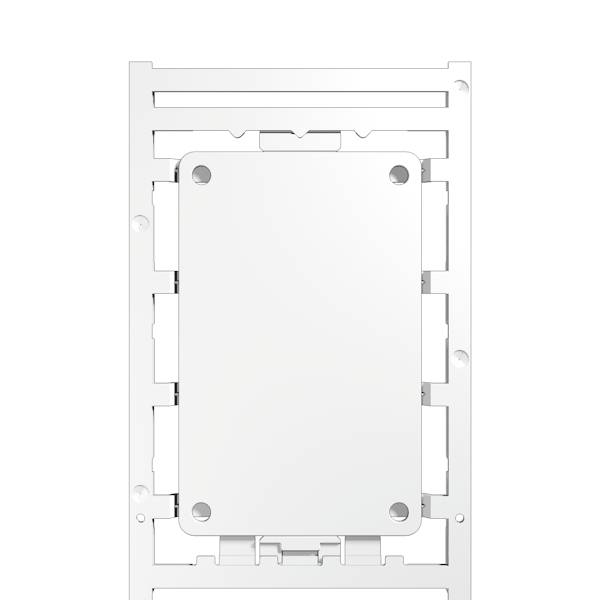 Plaque murale électrique blanche vierge ou support de montage avec un panneau de couverture central et des trous de vis, présenté sur un fond blanc.