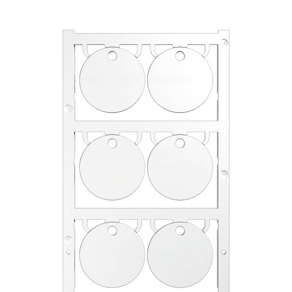 Insère organisateur en plastique blanc avec six compartiments circulaires disposés en trois rangées de deux, chacun avec un petit trou de suspension au sommet