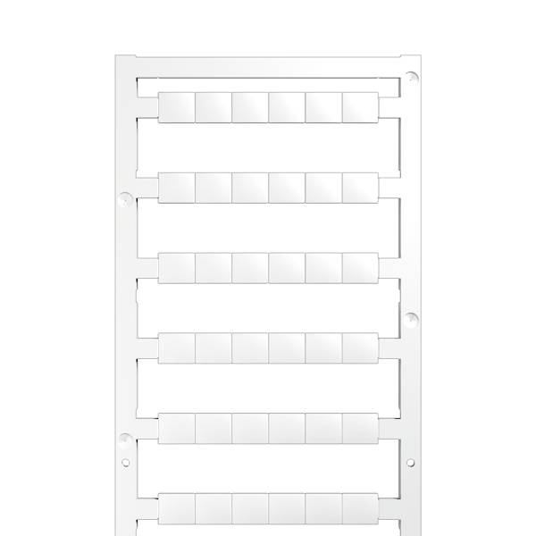 Plaque murale blanche avec six rangées de boutons rectangulaires horizontaux, ressemblant à un interrupteur lumineux multi-boutons ou à un panneau de commande.