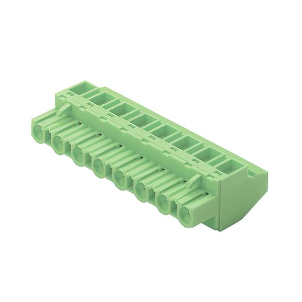 Bloc de connecteur électrique multiport vert avec plusieurs prises circulaires d'un côté et des fentes rectangulaires sur le dessus.