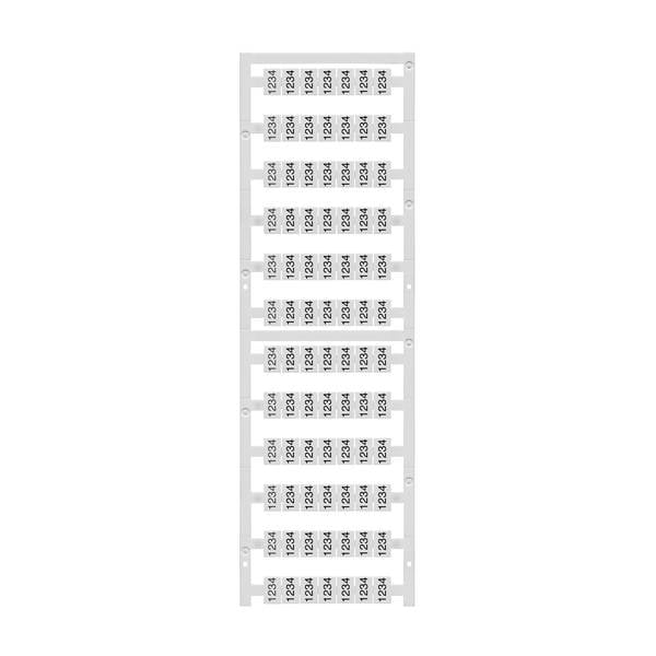 Une bande verticale d'étiquettes ou d'étiquettes répétées grises et blanches, chacune imprimée avec '1234', empilées en rangées sur un fond blanc.