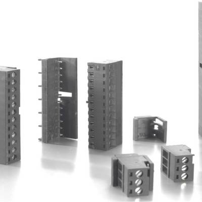 Assortiment de connecteurs de blocs de bornes électriques noirs affichés sur un fond blanc, comprenant plusieurs bandes verticales et de petits blocs enfichables.