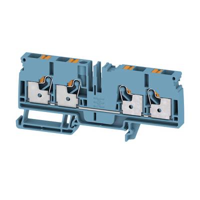 Bloc de jonction de borne électrique bleu avec quatre bornes de serrage métalliques sur un fond blanc.