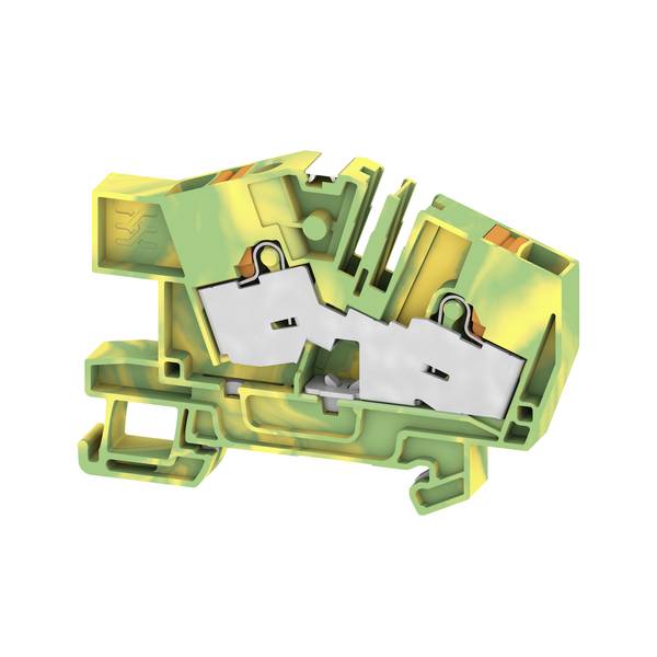 Gros plan en coupe d'un bloc de bornes électriques vert et jaune montrant les pinces de contact métalliques internes et les fentes d'entrée des fils.
