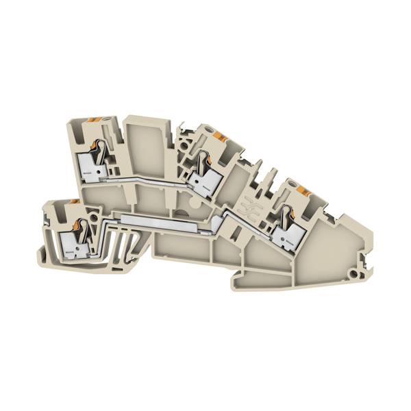 Coupe transversale d'un bloc de bornes de connecteur électrique modulaire avec plusieurs chambres de serrage de fil et mécanismes de contact internes.