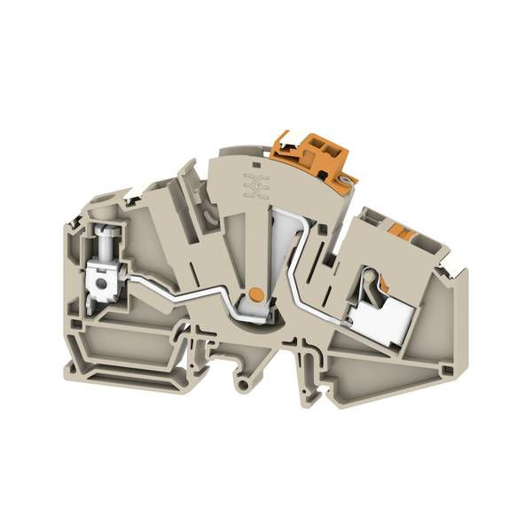 Illustration transversale d'un bloc de bornes électriques beige avec des leviers orange, montrant les canaux de câblage internes et les composants de contact.