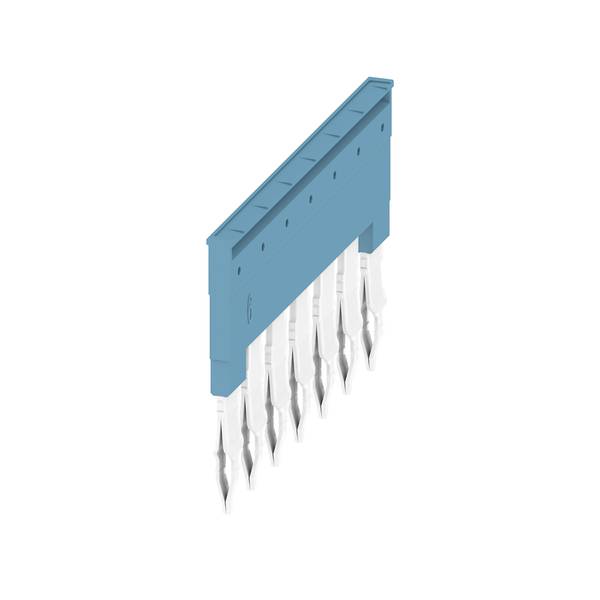 Peigne en plastique bleu avec plusieurs aiguilles ou épingles en métal blanc suspendues vers le bas, présenté sur un fond blanc.