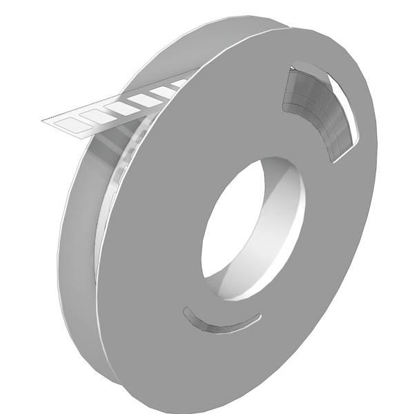 Rendu 3D d'un distributeur de rouleau circulaire avec une bande d'étiquettes adhésives ou de film partiellement déroulée