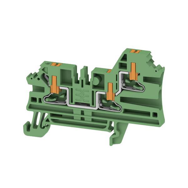 Vue en coupe d'un bloc de bornes électriques vert avec trois leviers de serrage orange montrant les connexions internes des fils.