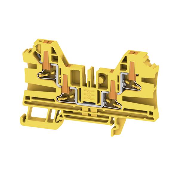 Coupe transversale 3D d'un bloc de bornes électriques jaune montrant les contacts métalliques internes et les canaux de câblage.