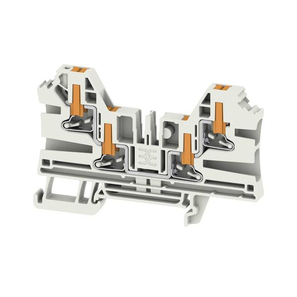 Coupe transversale d'un bloc de bornes électriques gris avec des pinces à ressort orange et des fentes d'entrée de fil, montrant les points de connexion interne.