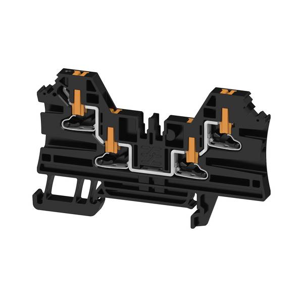 Bloc ou connecteur de borne électrique noir en coupe transversale avec leviers orange et contacts métalliques sur fond blanc.