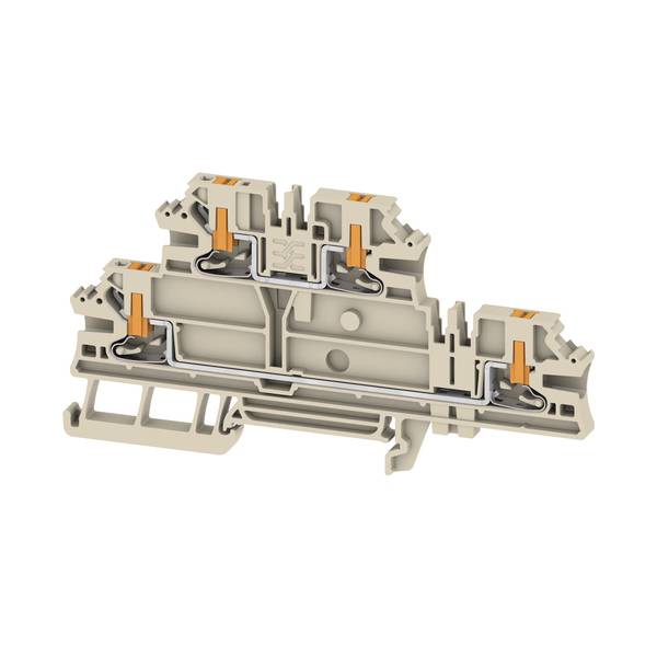 Coupe transversale d'un bloc de bornes électriques beige avec plusieurs sections de serrage de fils et des leviers de dégagement orange, montrant les connexions internes.