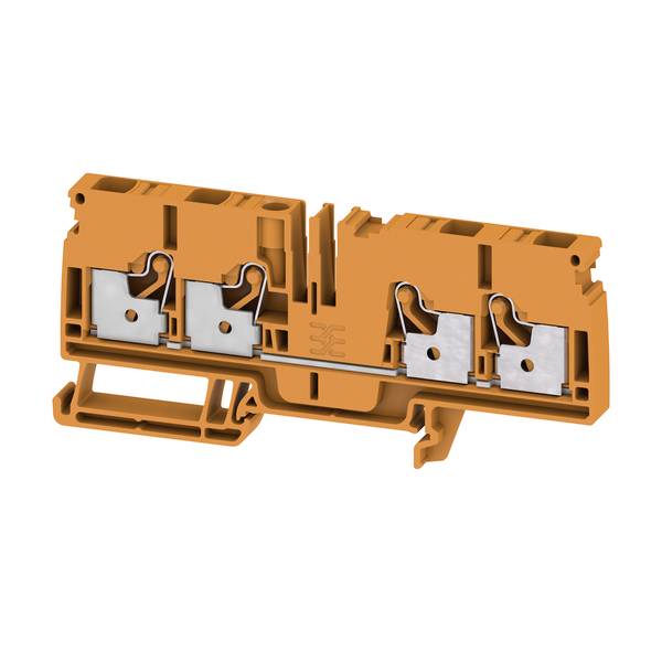 Bloc de terminaison électrique orange avec quatre contacts à pince à ressort métallique, montré en vue écorchée