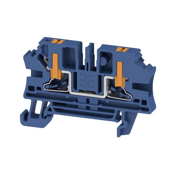 Coupe transversale d'un bornier de rail DIN bleu avec des languettes de dégagement oranges et des pinces à ressort métalliques internes montrant les points de connexion des fils.