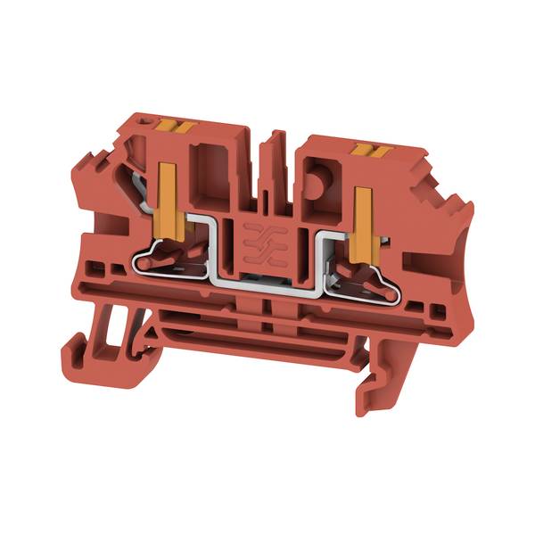 Coupe transversale d'un bloc de bornes électriques rouge montrant les contacts métalliques internes et le mécanisme de serrage des fils.