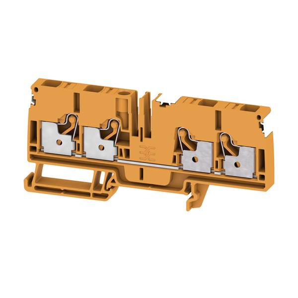 Bloc de connexion électrique orange avec quatre pinces de contact métalliques montré en vue écorchée sur un fond blanc.