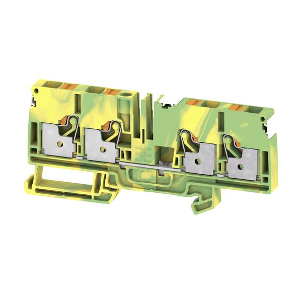 Coupe transversale d'un bloc de bornes électriques vert-jaune avec quatre connexions à pince à ressort métallique et base de montage sur un fond blanc.