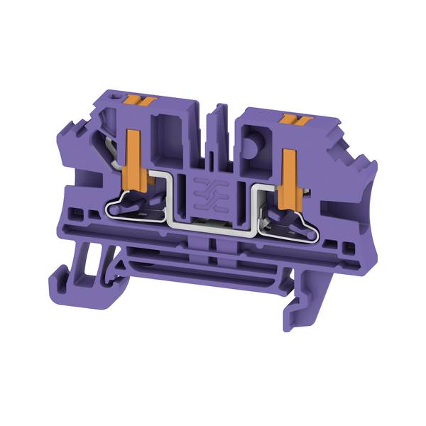 Coupe transversale d'un bloc de bornes électriques violet montrant les contacts internes de serrage de fils et les leviers d'actionnement orange.