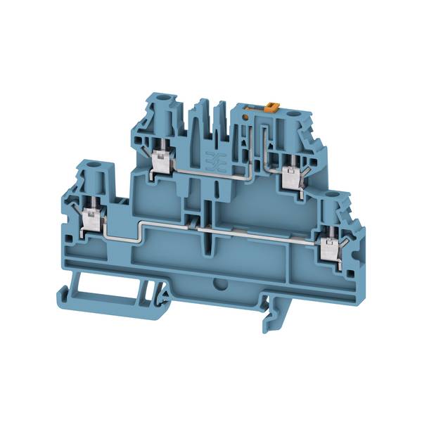 Coupe transversale d'un bornier électrique bleu avec les contacts métalliques internes et les mécanismes de serrage des fils exposés.