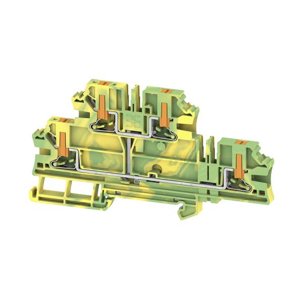 Coupe transversale d'un bornier électrique vert et jaune montrant les connecteurs métalliques internes et les pinces à ressort sur un fond blanc.