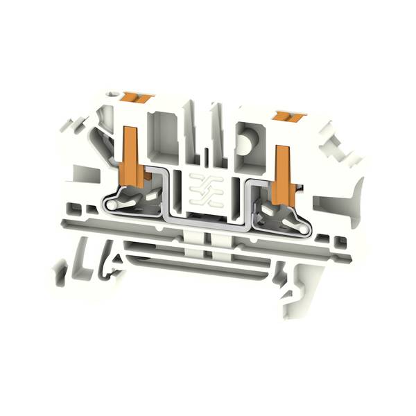 Coupe transversale d'un bornier électrique avec des leviers de serrage orange et des canaux de câblage interne