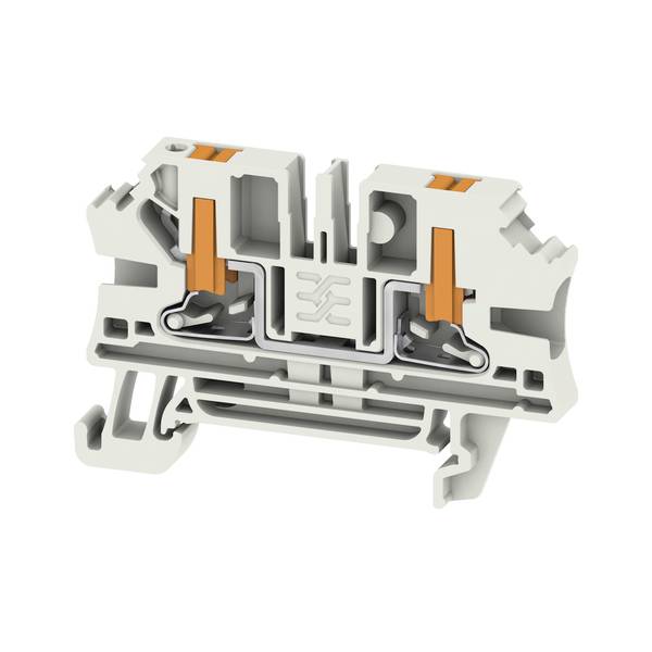 Coupe transversale d'un bloc de bornes électriques sur rail DIN blanc avec leviers orange, montrant les connexions de câblage à pince ressort interne.
