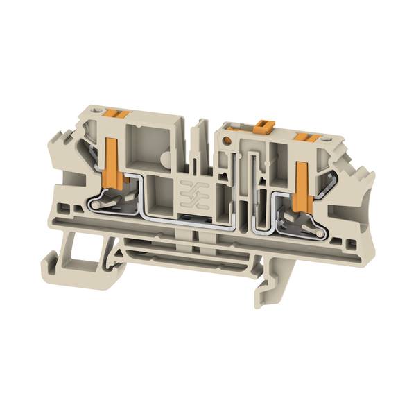 Coupe transversale d'un bloc de bornes électriques beige avec des pinces orange, montrant les canaux internes pour câbles et les connexions à ressort.