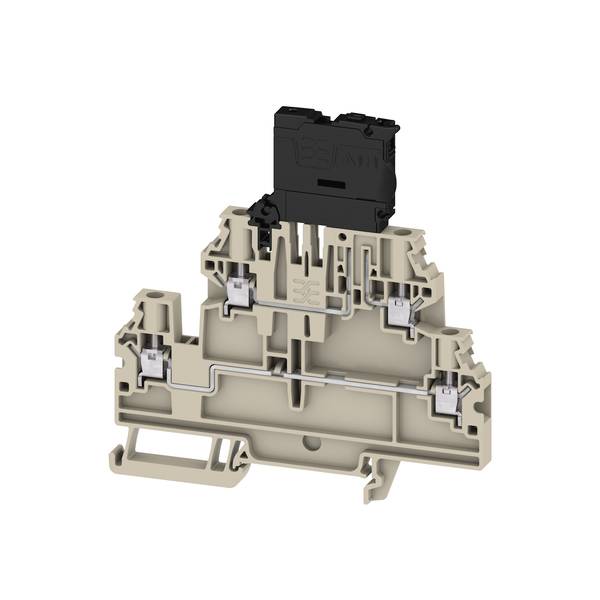 Coupe transversale d'un bloc de bornes électriques beige avec un module supérieur noir, montrant les contacts métalliques internes et les chemins de câblage