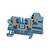 Section transversale d'une barrette de bornes électriques bleue avec des contacts métalliques internes et des leviers de verrouillage orange.