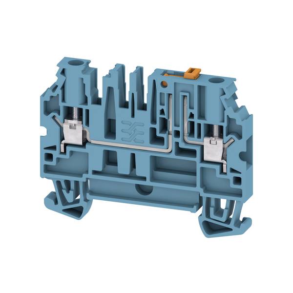 Coupe transversale d'un bornier bleu montrant les contacts métalliques internes et les canaux de câblage, avec un levier orange sur le dessus.