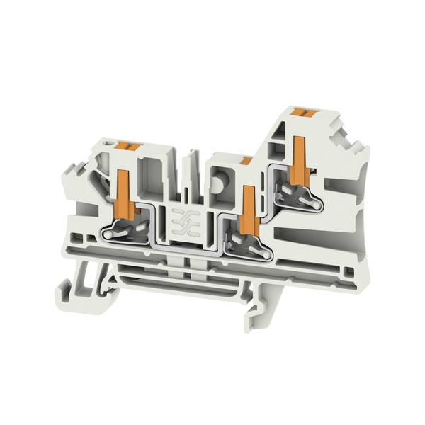 Coupe transversale d'un bornier électrique gris avec trois pinces à ressort orange sur un fond blanc.