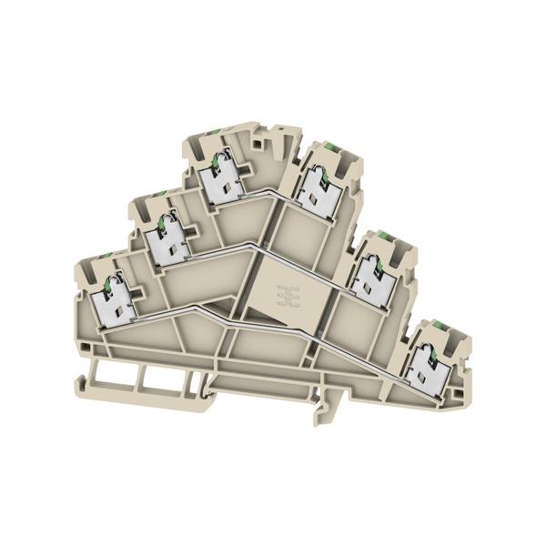 Vue éclatée 3D d'un bloc de bornes électriques de couleur beige ou d'un boîtier de connecteur avec plusieurs compartiments de serrage de fils arrangés en forme d'éventail.