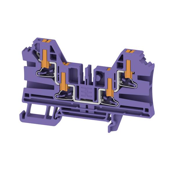 Coupe transversale 3D d'un bloc de bornes électriques violet montrant les contacts métalliques internes et les pinces à fil orange.