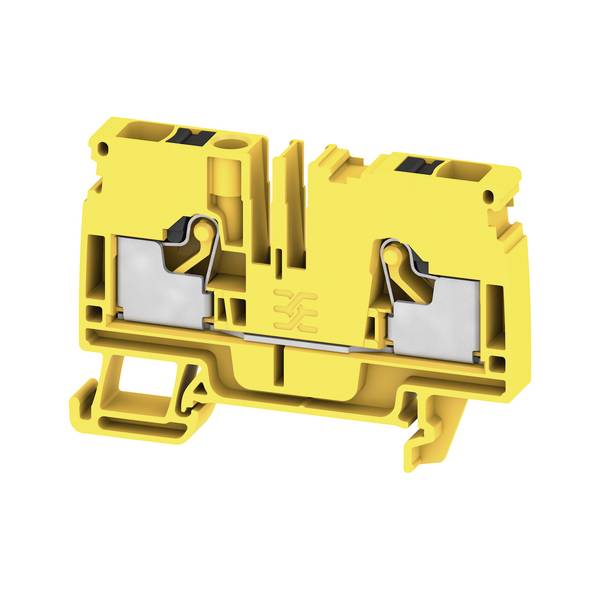 Bloc de connexion de borne électrique jaune avec deux ouvertures de contact en métal sur fond blanc.