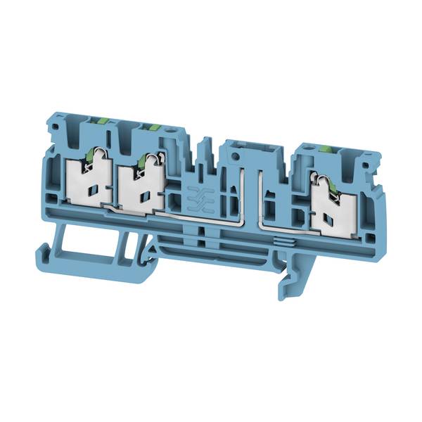 Coupe d'un bloc de bornes électriques bleu avec trois contacts à ressort métalliques à l'intérieur d'un boîtier en plastique.