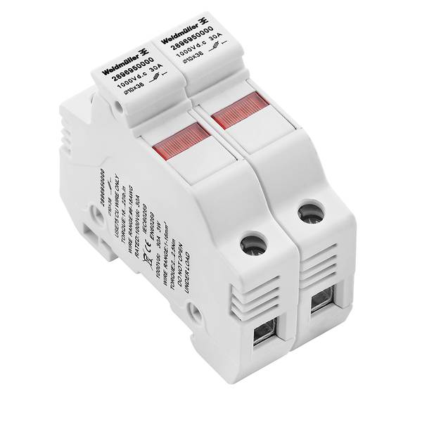 Disjoncteur électrique bipolaire blanc avec voyants indicateurs rouges et ouvertures de bornes, présenté isolé sur fond blanc.