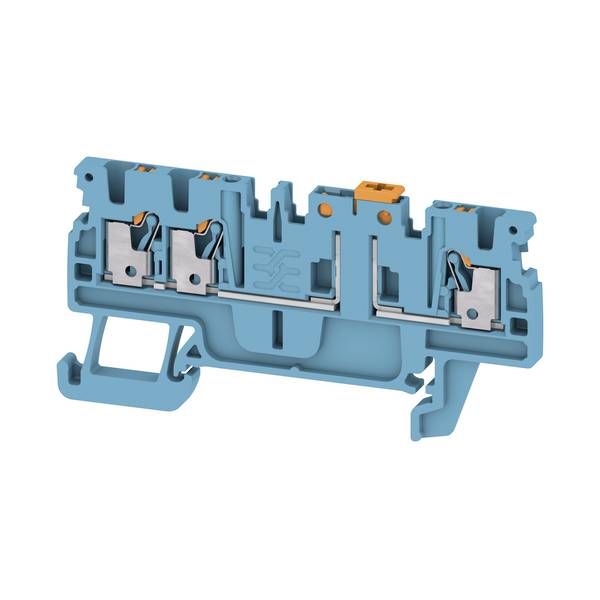 Bloc de bornes électriques bleu et orange montrant une coupe transversale avec les contacts à ressort interne et les canaux de câblage.