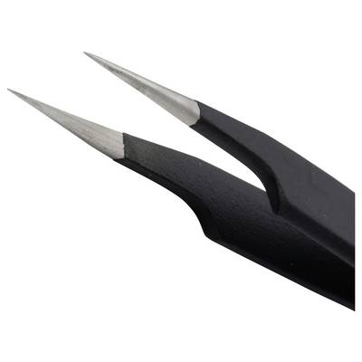 Gros plan de deux pointes de pince à épiler ou de pinces de précision en métal noir pointu sur un fond blanc.