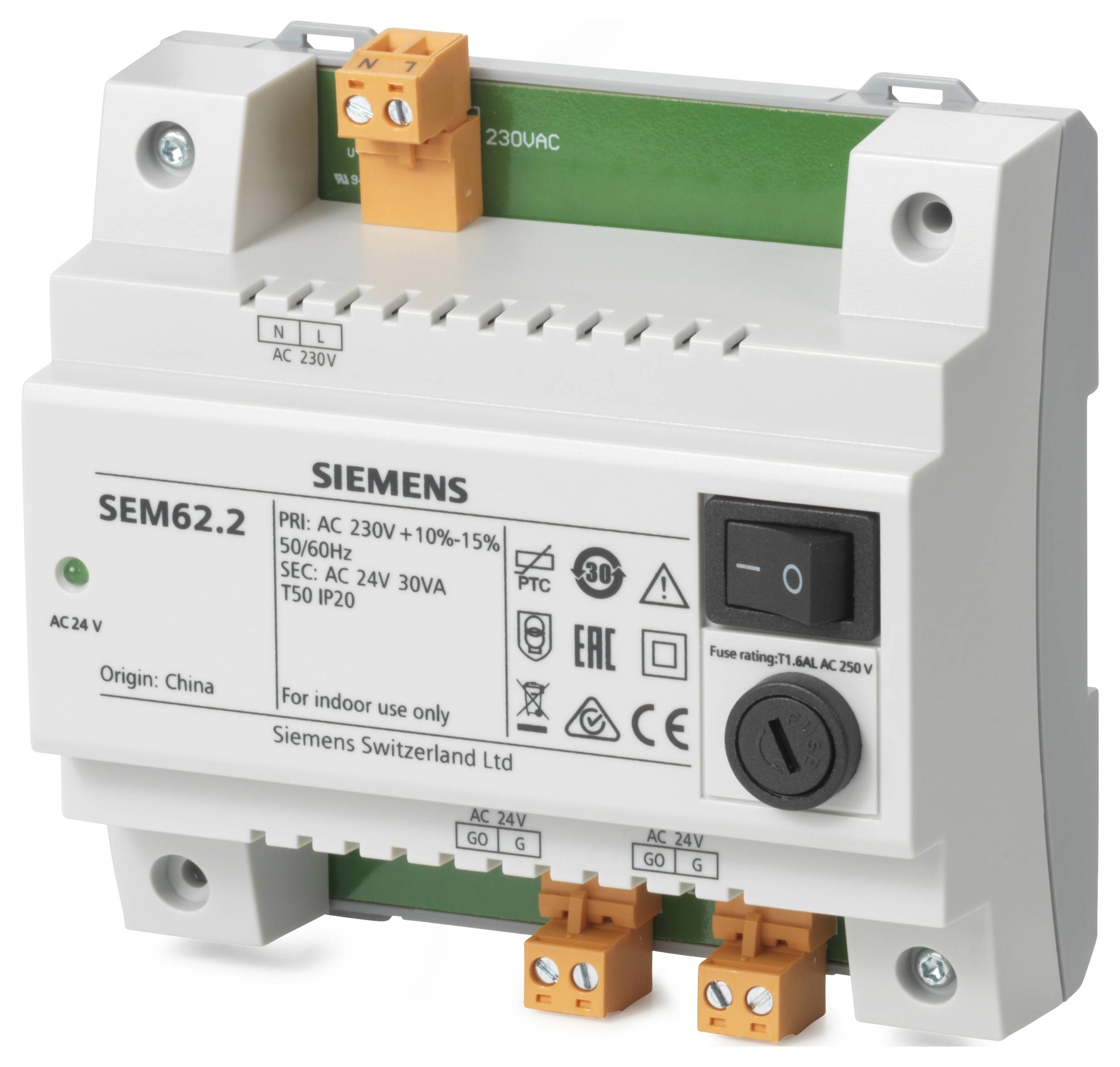 Module transformateur Siemens SEM62.2 convertissant AC 230V en AC 24V 30VA avec interrupteur d'alimentation et connecteurs de bornes.