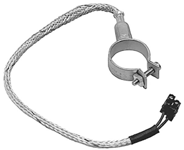 Câble métallique tressé avec anneau de serrage et connecteur électrique attaché, utilisé comme sangle de mise à la terre ou de liaison.
